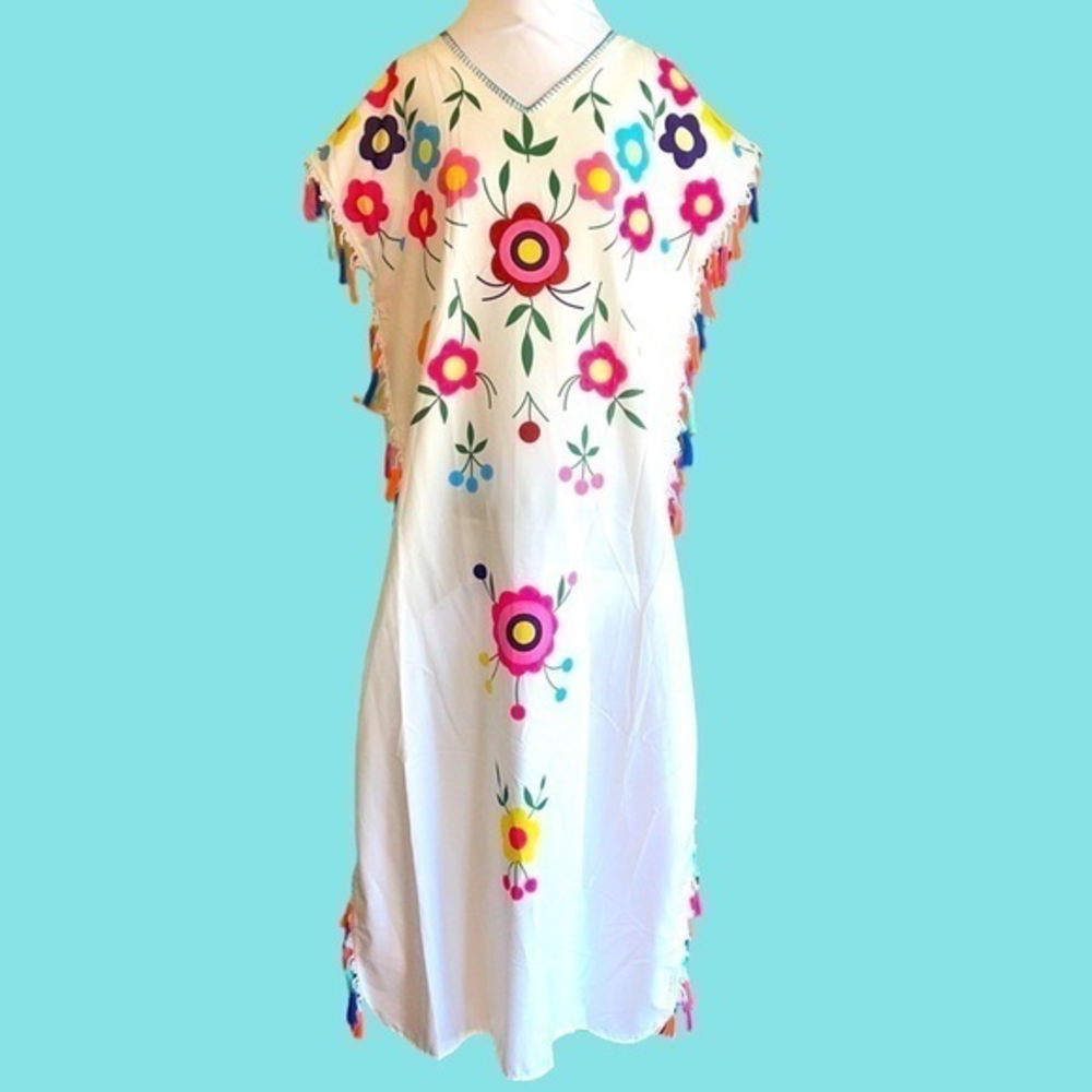 White Bright Floral Tassel Caftan One Size Resort Lounge